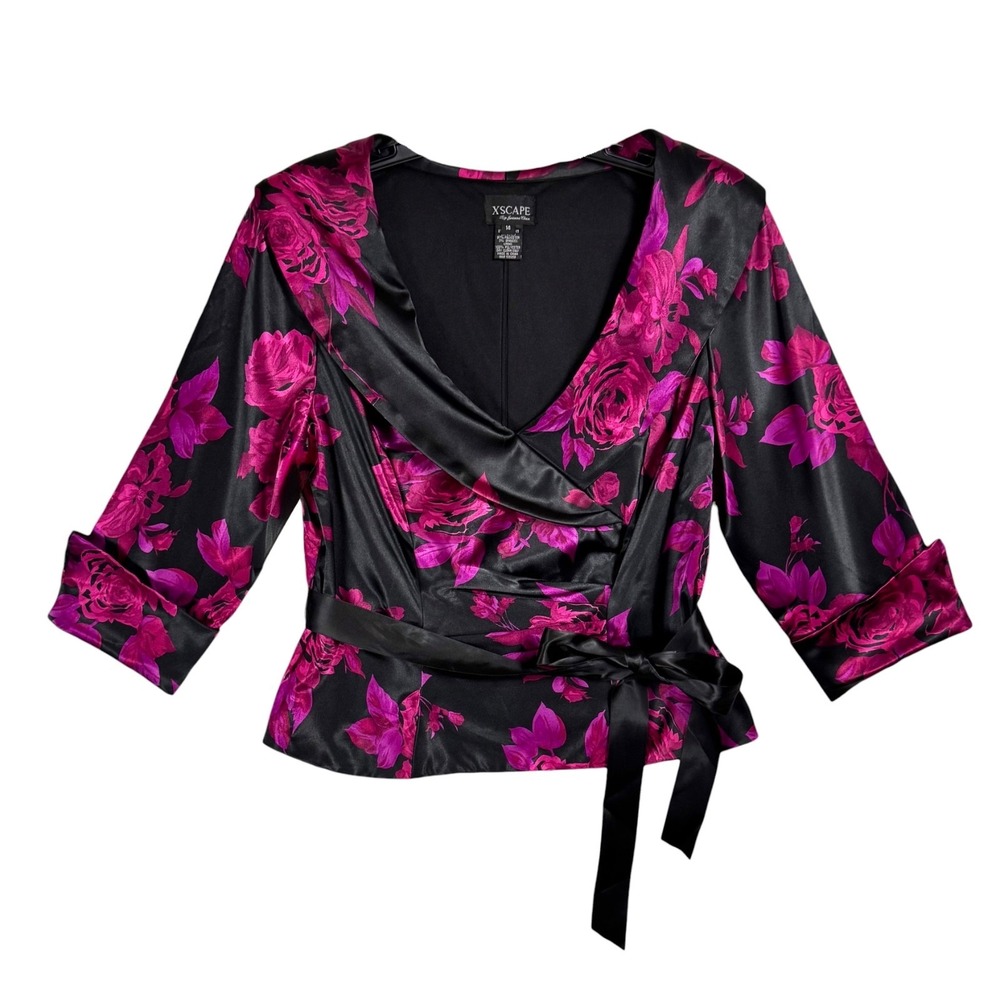 Y2K Xscape Satin Rose Floral Wrap Top Dressy Blouse Sz 14 Party Romantic Gothic